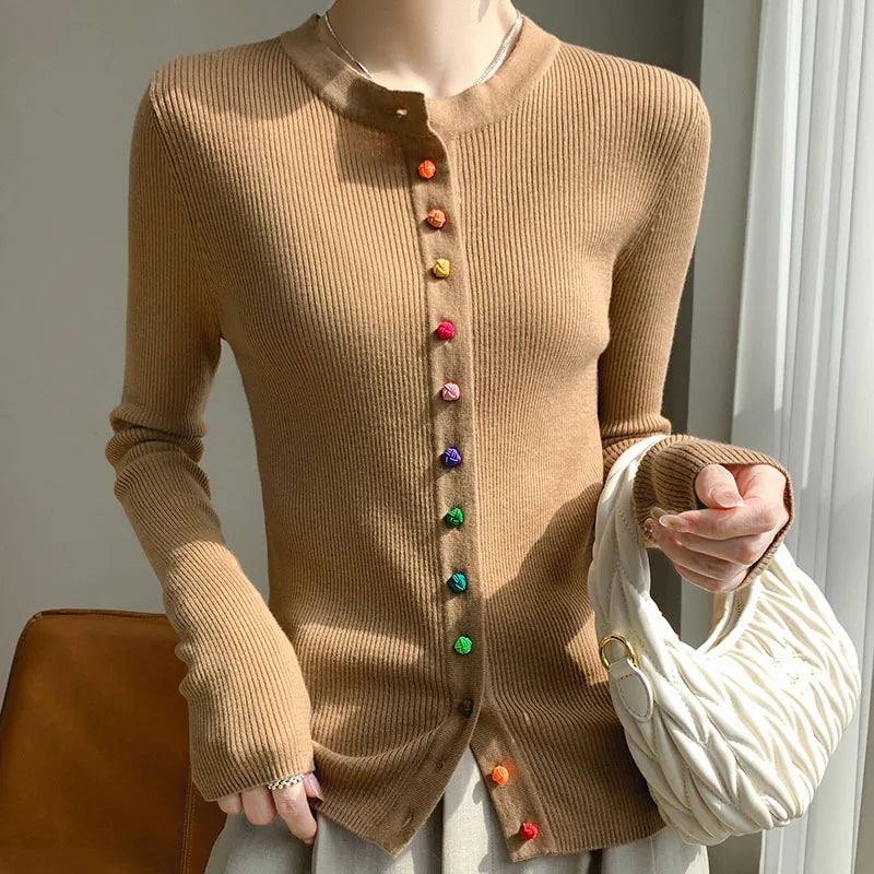 Années 50 Cardigan Maille Côtelée Boutons Multicolores - Ma Penderie Vintage