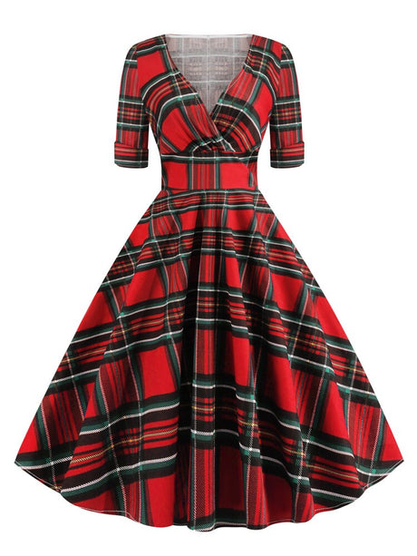 <tc>1950's</tc> Retro Rock a billy Tartan Flared Dress