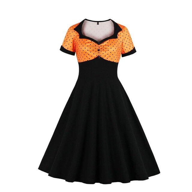 Années 60 Robe Bi-Colore Pois Rockabilly Noir/Orange - Ma Penderie Vintage