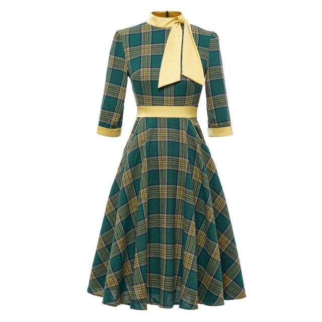 Années 50 Robe Tartan Rétro Col Cravate - Ma Penderie Vintage